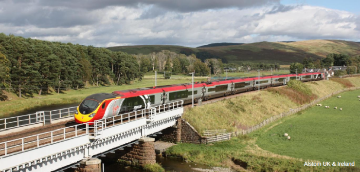 A train travels through countryside