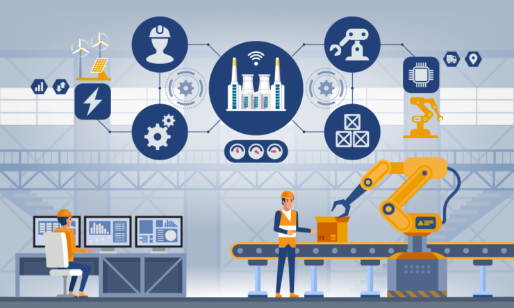A cartoon of service trends hovering over a manufacturing packing belt and a worker at a desk.