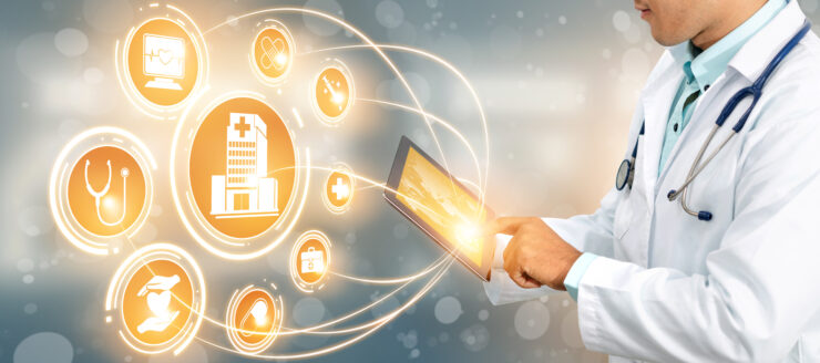 A doctor interacts with an iPad. Health icons swirl around the tablet.