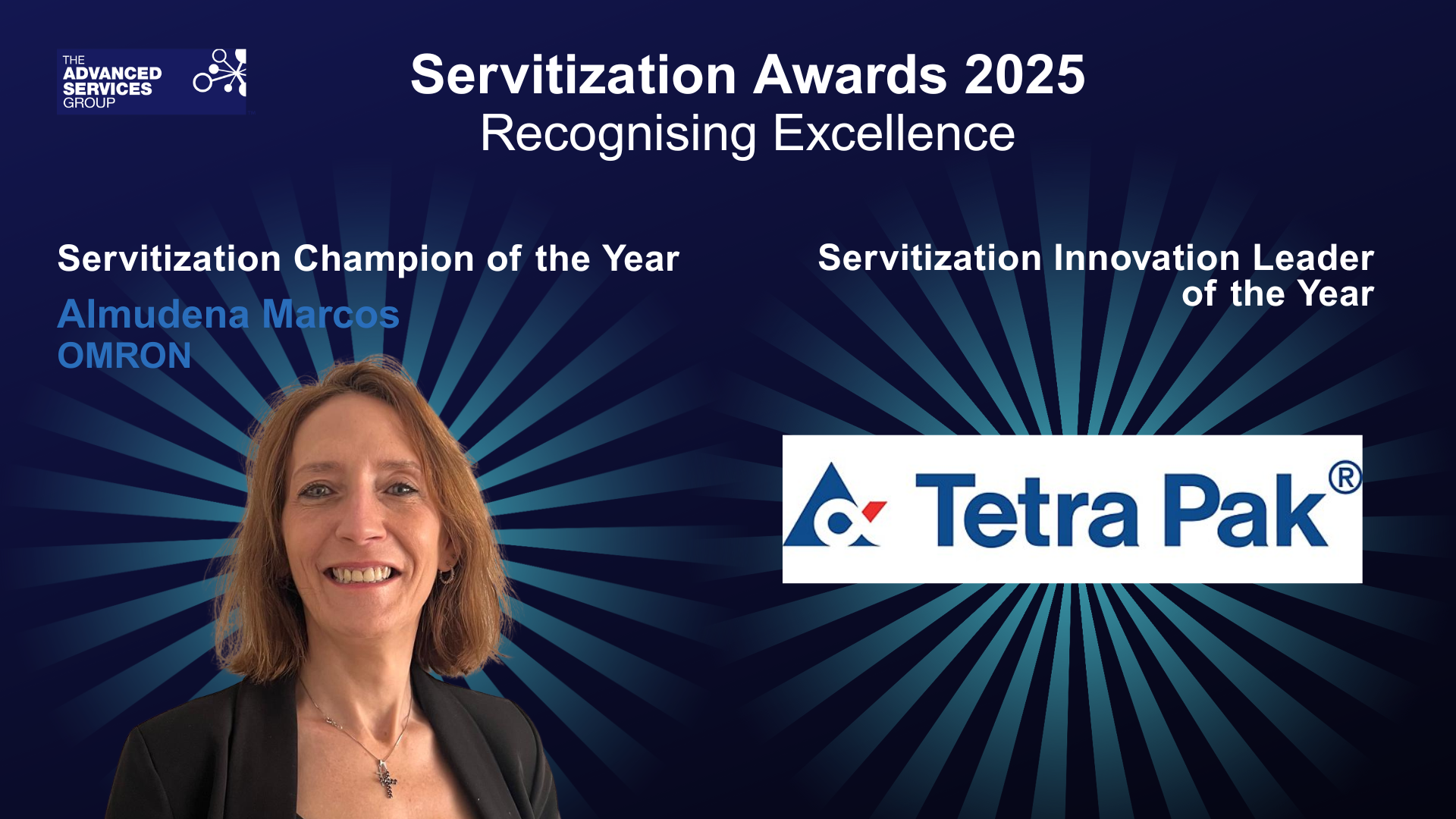 Servitization Awards 2025, Recognising Excellence - Servitization Champion of the Year, Almudena Marcos (OMRON). Servitization Innovation Leader of the Year - Tetra Pak