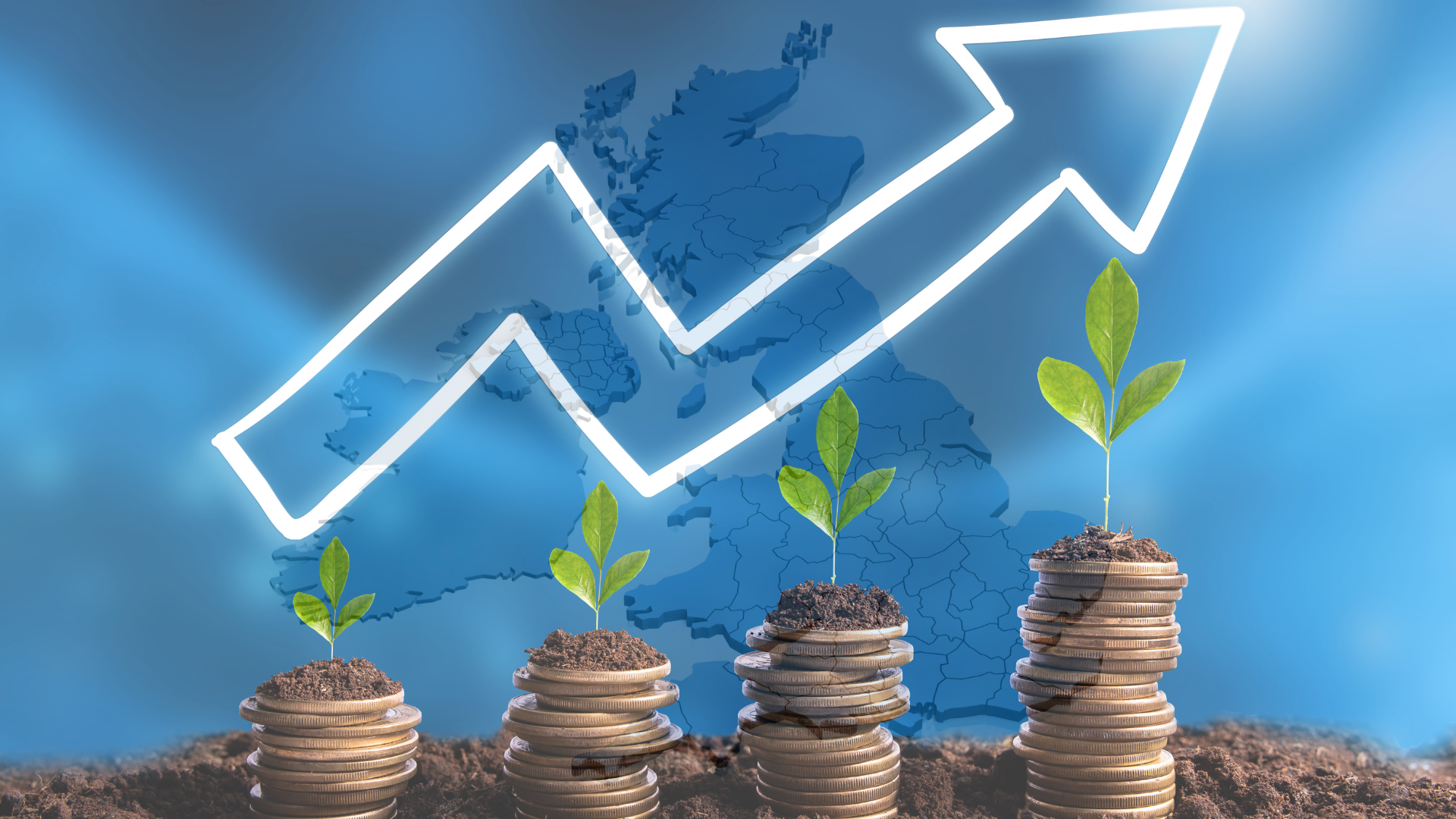 4 plants sprout from ascending piles of gold coins